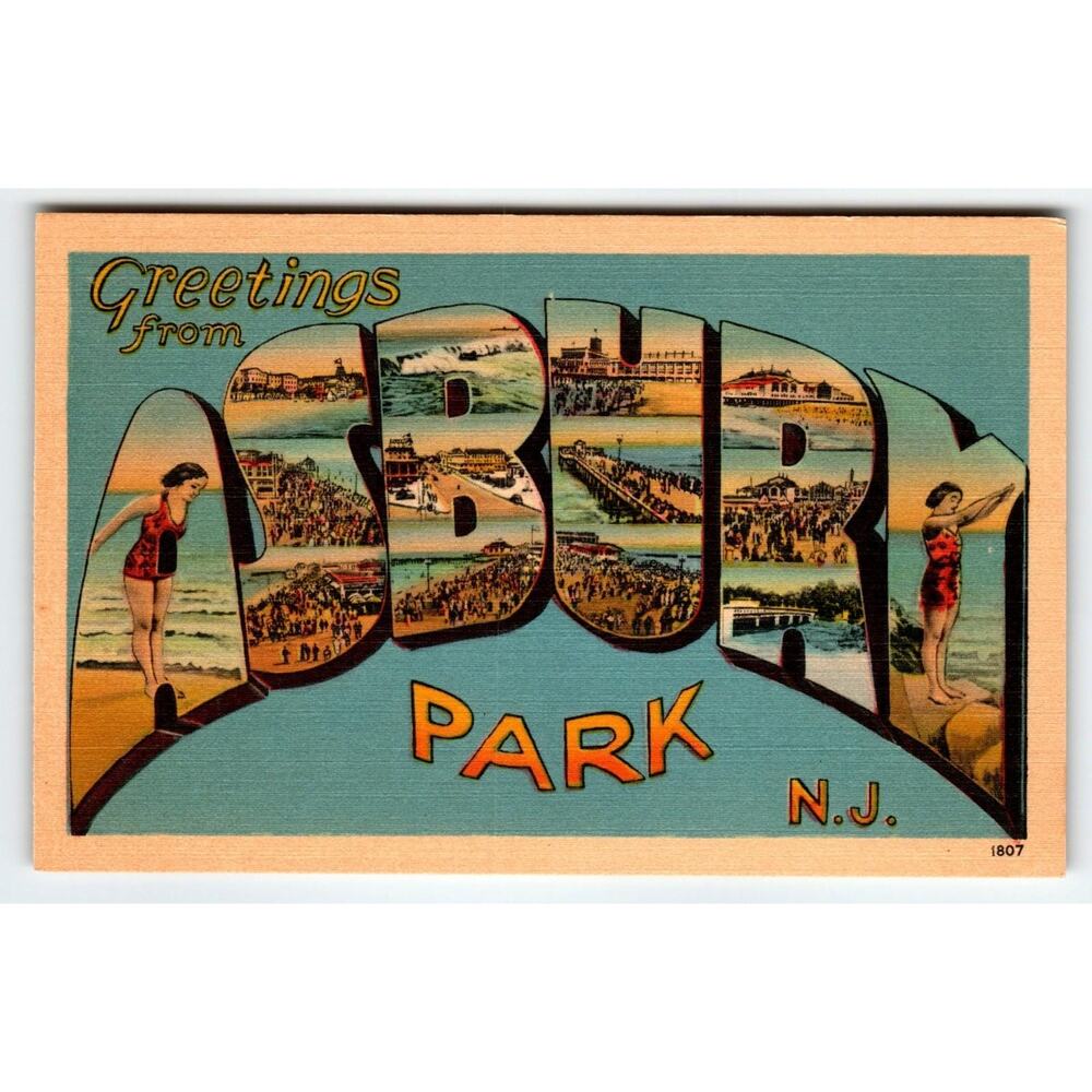 Vintage Greetings from Asbury Park NJ Large Letter Linen Postcard Swimmers Beach